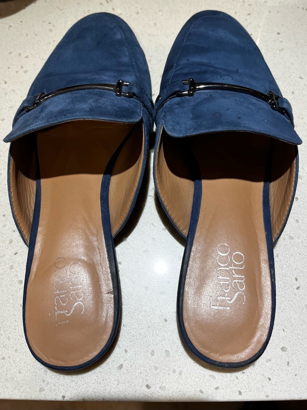 Franco Sarto Navy Suede Backless Loafers with Metal Bit